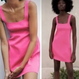 ZARA Hot Pink Square Neck Mini Sheath Dress